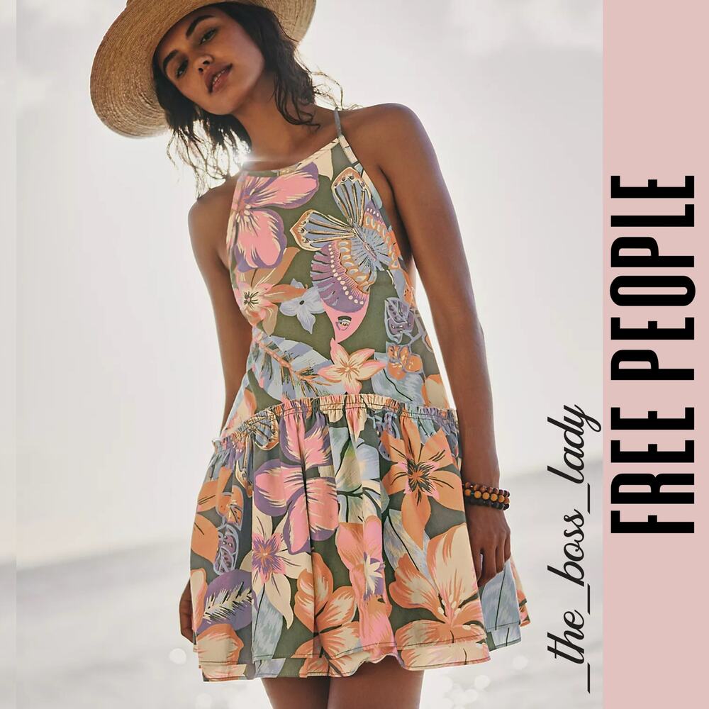 Free People mini dress floral ruffle cotton open back pleated tropical Small